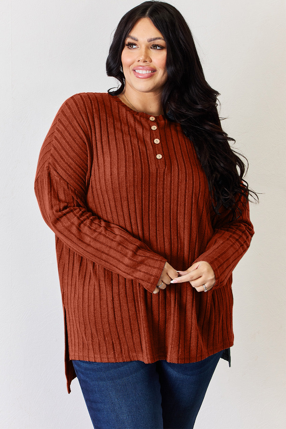 Basic Bae Full Size Ribbed Half Button Long Sleeve High-Low T-Shirt - Fragrance Spice