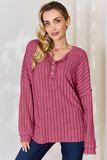 Basic Bae Full Size Ribbed Half Button Long Sleeve T-Shirt - Fragrance Spice