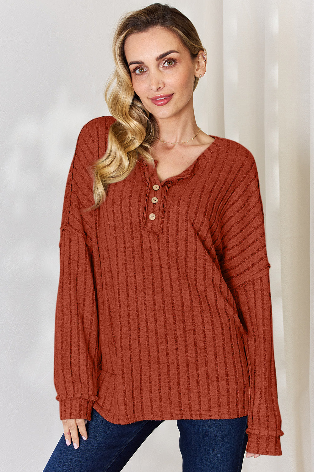 Basic Bae Full Size Ribbed Half Button Long Sleeve T-Shirt - Fragrance Spice