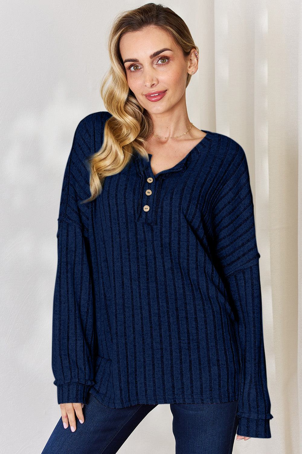 Basic Bae Full Size Ribbed Half Button Long Sleeve T-Shirt - Fragrance Spice