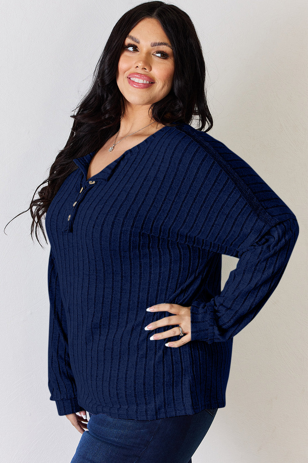 Basic Bae Full Size Ribbed Half Button Long Sleeve T-Shirt - Fragrance Spice