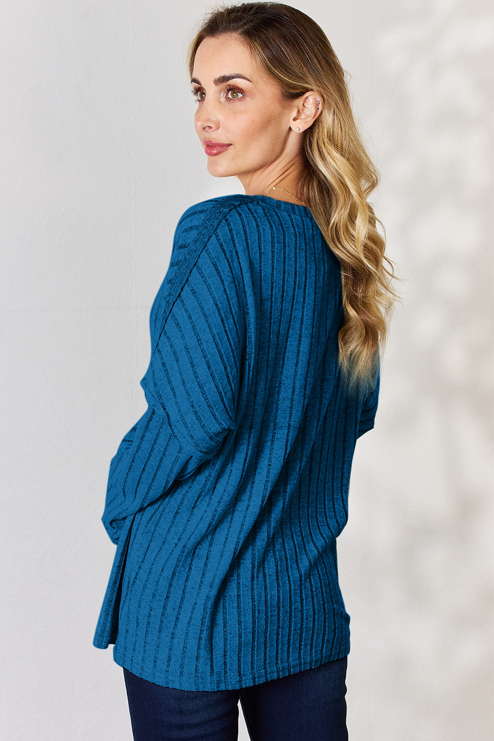 Basic Bae Full Size Ribbed Half Button Long Sleeve T-Shirt - Fragrance Spice