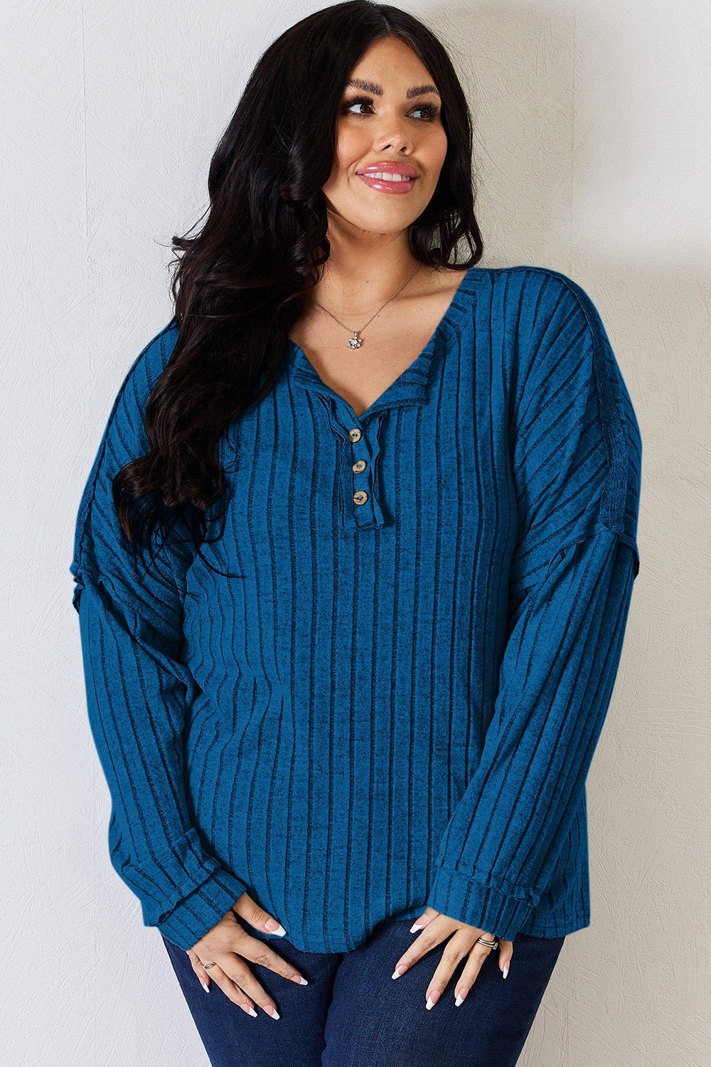 Basic Bae Full Size Ribbed Half Button Long Sleeve T-Shirt - Fragrance Spice