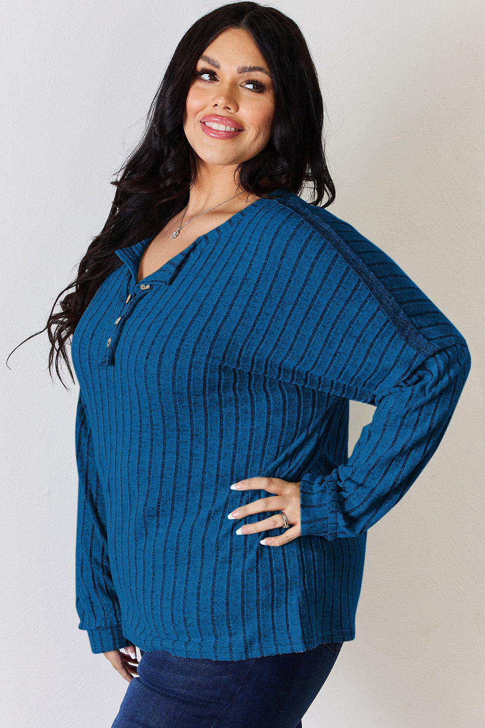 Basic Bae Full Size Ribbed Half Button Long Sleeve T-Shirt - Fragrance Spice