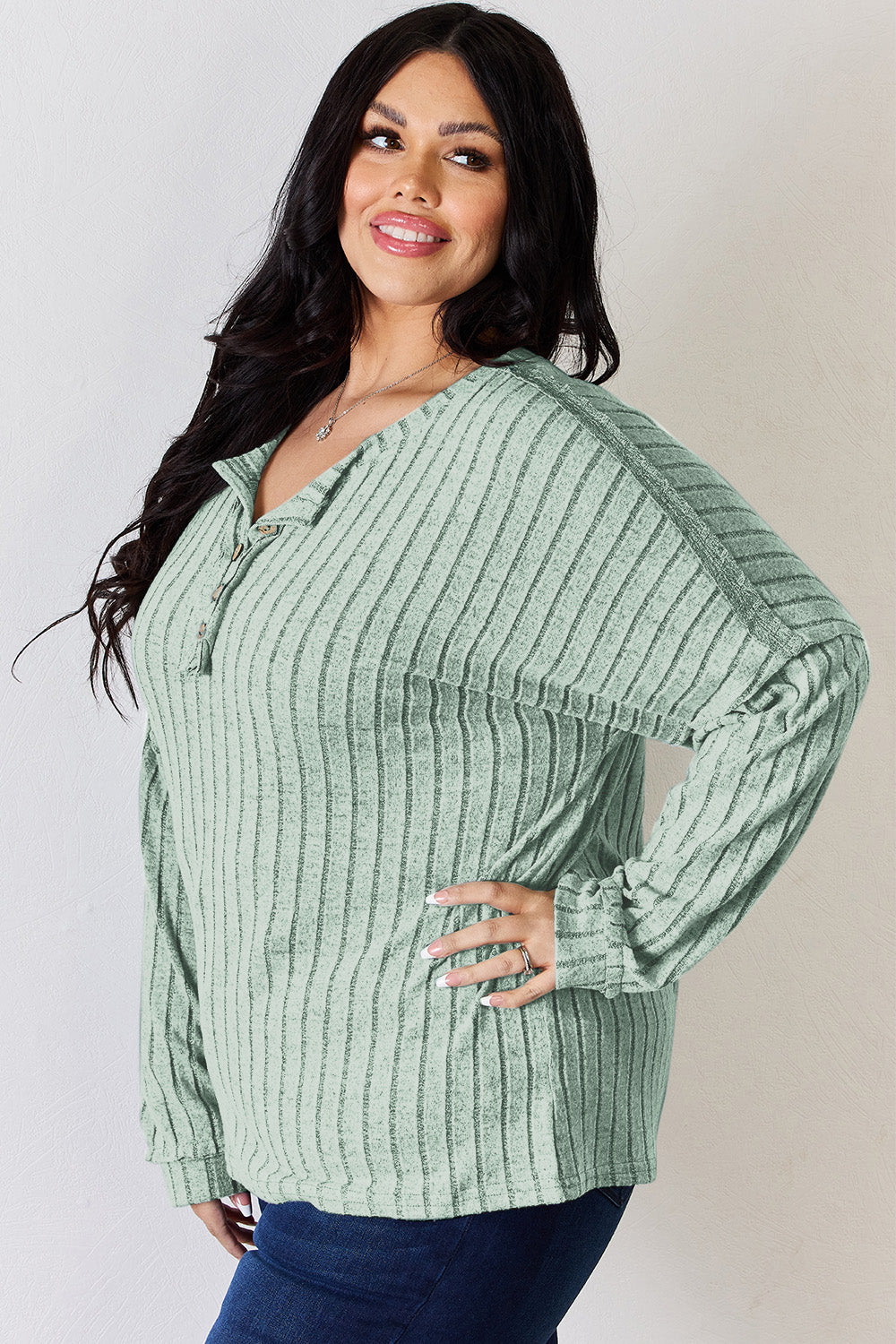 Basic Bae Full Size Ribbed Half Button Long Sleeve T-Shirt - Fragrance Spice