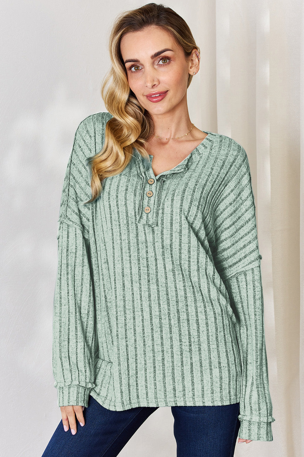 Basic Bae Full Size Ribbed Half Button Long Sleeve T-Shirt - Fragrance Spice