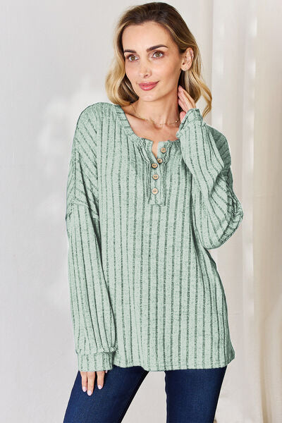 Basic Bae Full Size Ribbed Half Button Long Sleeve T-Shirt - Fragrance Spice