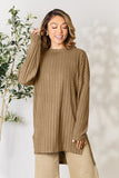 Basic Bae Full Size Ribbed Round Neck Long Sleeve Slit Top - Fragrance Spice