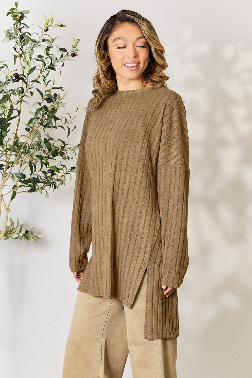 Basic Bae Full Size Ribbed Round Neck Long Sleeve Slit Top - Fragrance Spice