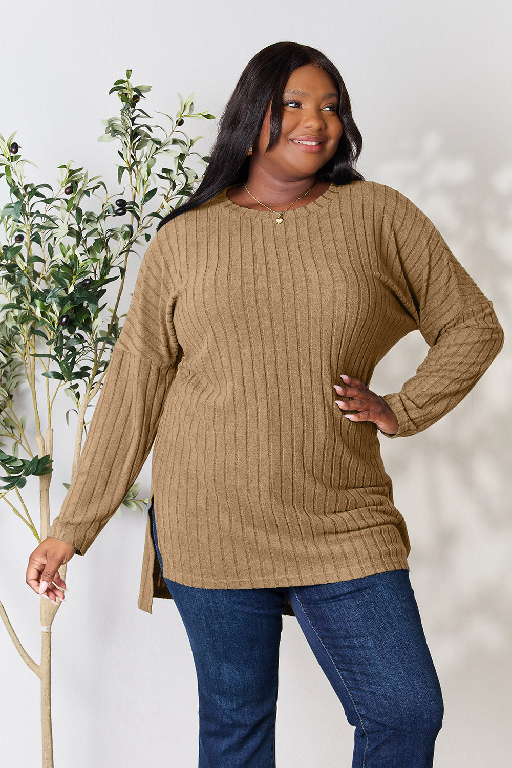 Basic Bae Full Size Ribbed Round Neck Long Sleeve Slit Top - Fragrance Spice