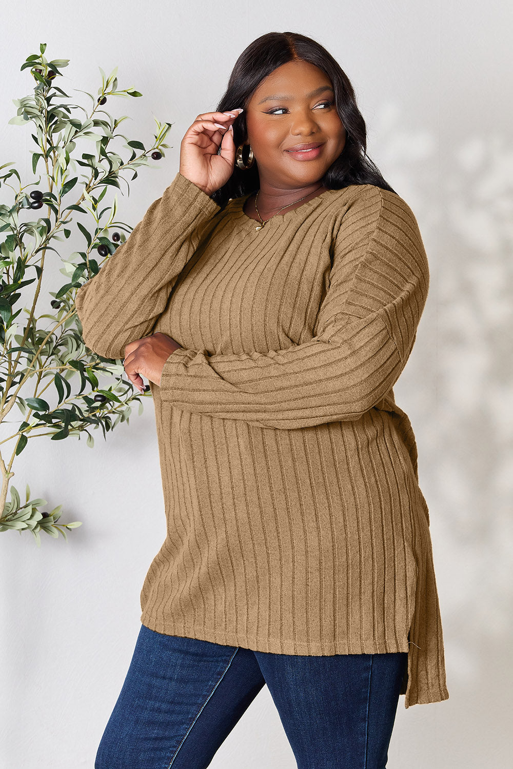 Basic Bae Full Size Ribbed Round Neck Long Sleeve Slit Top - Fragrance Spice