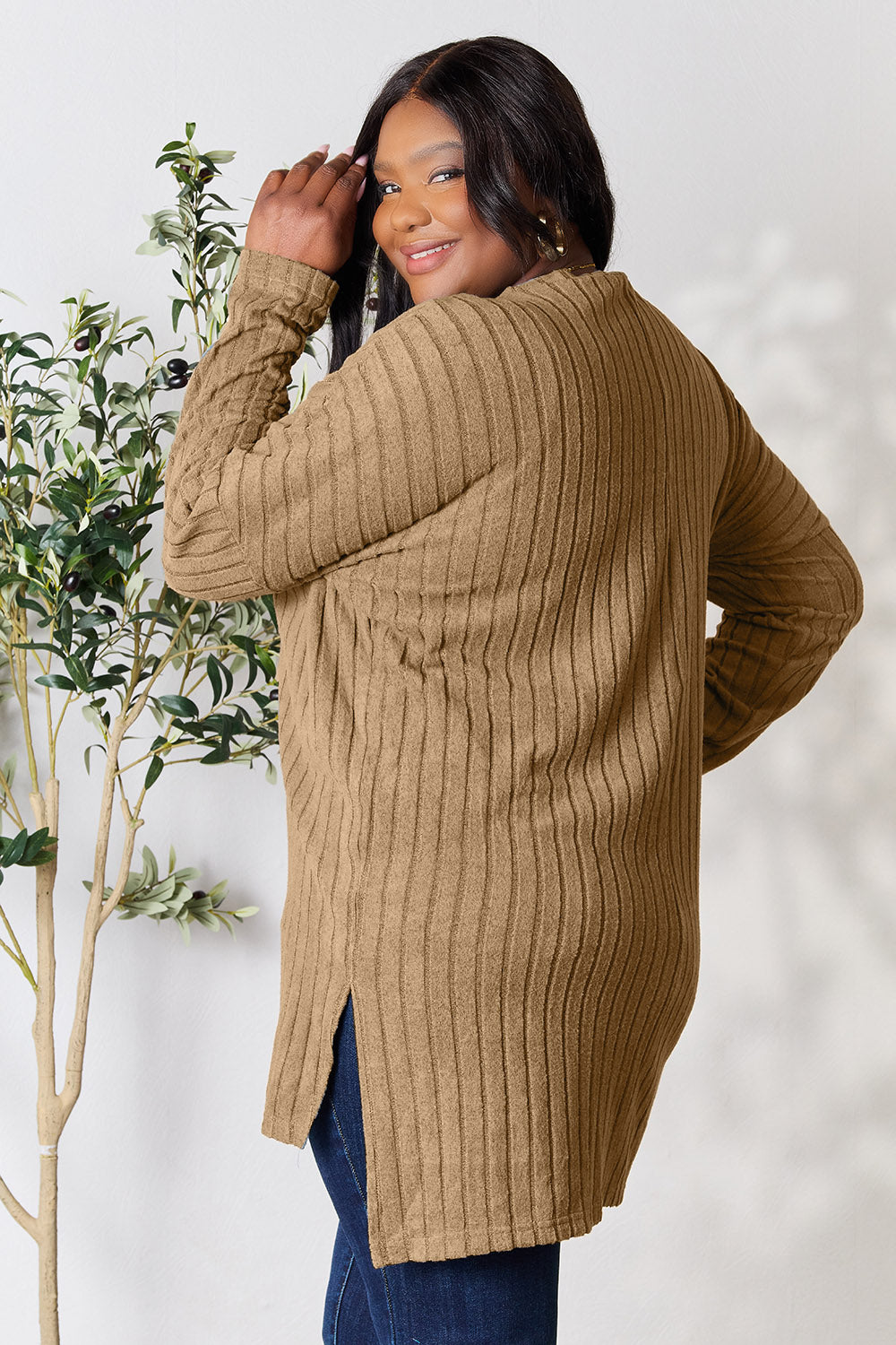 Basic Bae Full Size Ribbed Round Neck Long Sleeve Slit Top - Fragrance Spice