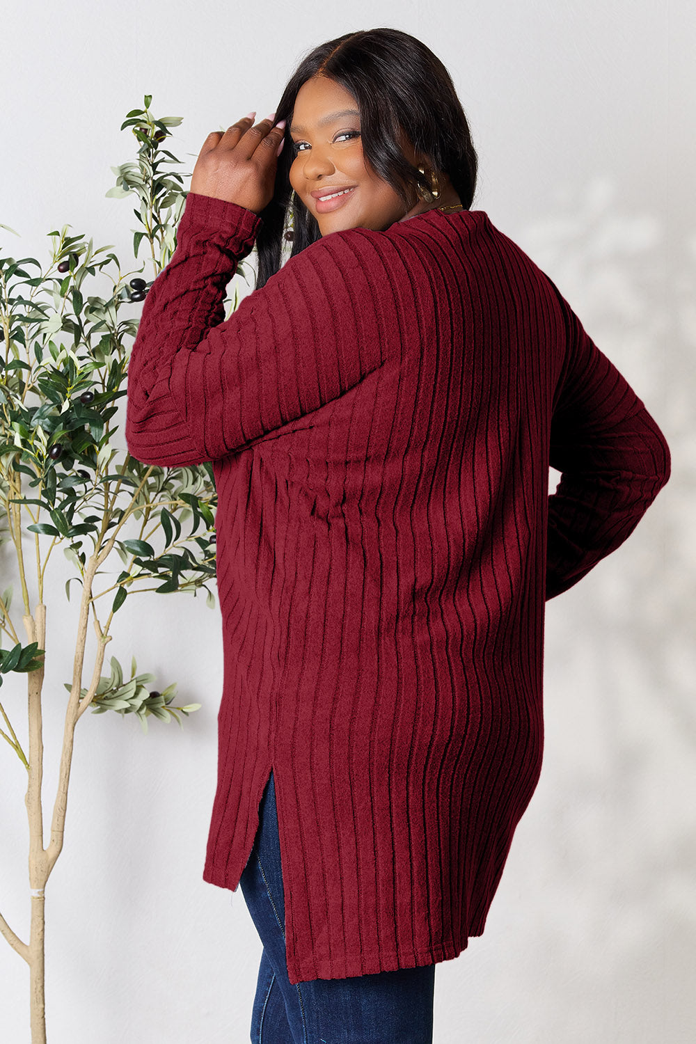 Basic Bae Full Size Ribbed Round Neck Long Sleeve Slit Top - Fragrance Spice