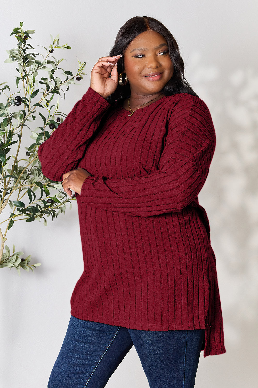 Basic Bae Full Size Ribbed Round Neck Long Sleeve Slit Top - Fragrance Spice