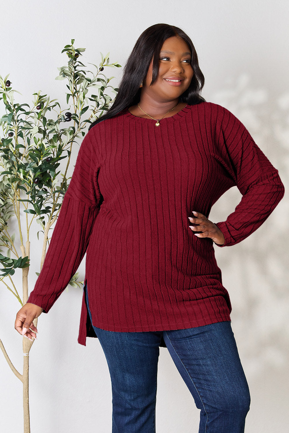 Basic Bae Full Size Ribbed Round Neck Long Sleeve Slit Top - Fragrance Spice