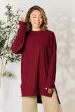 Basic Bae Full Size Ribbed Round Neck Long Sleeve Slit Top - Fragrance Spice