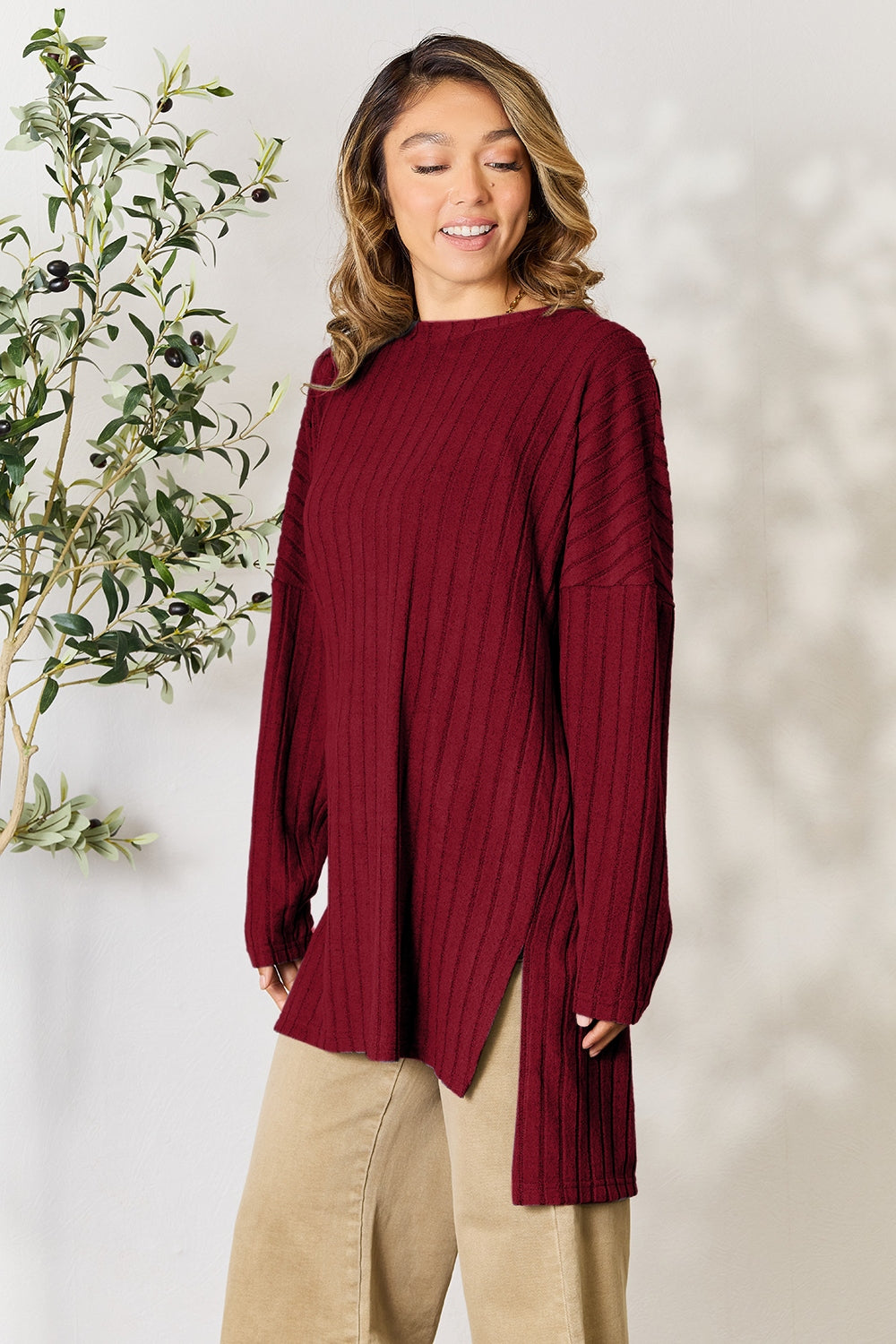 Basic Bae Full Size Ribbed Round Neck Long Sleeve Slit Top - Fragrance Spice