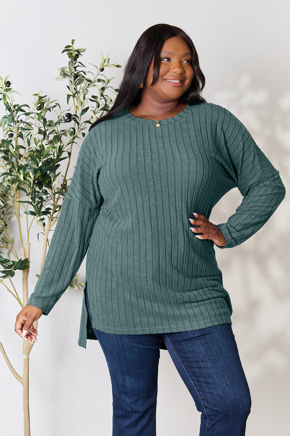 Basic Bae Full Size Ribbed Round Neck Long Sleeve Slit Top - Fragrance Spice