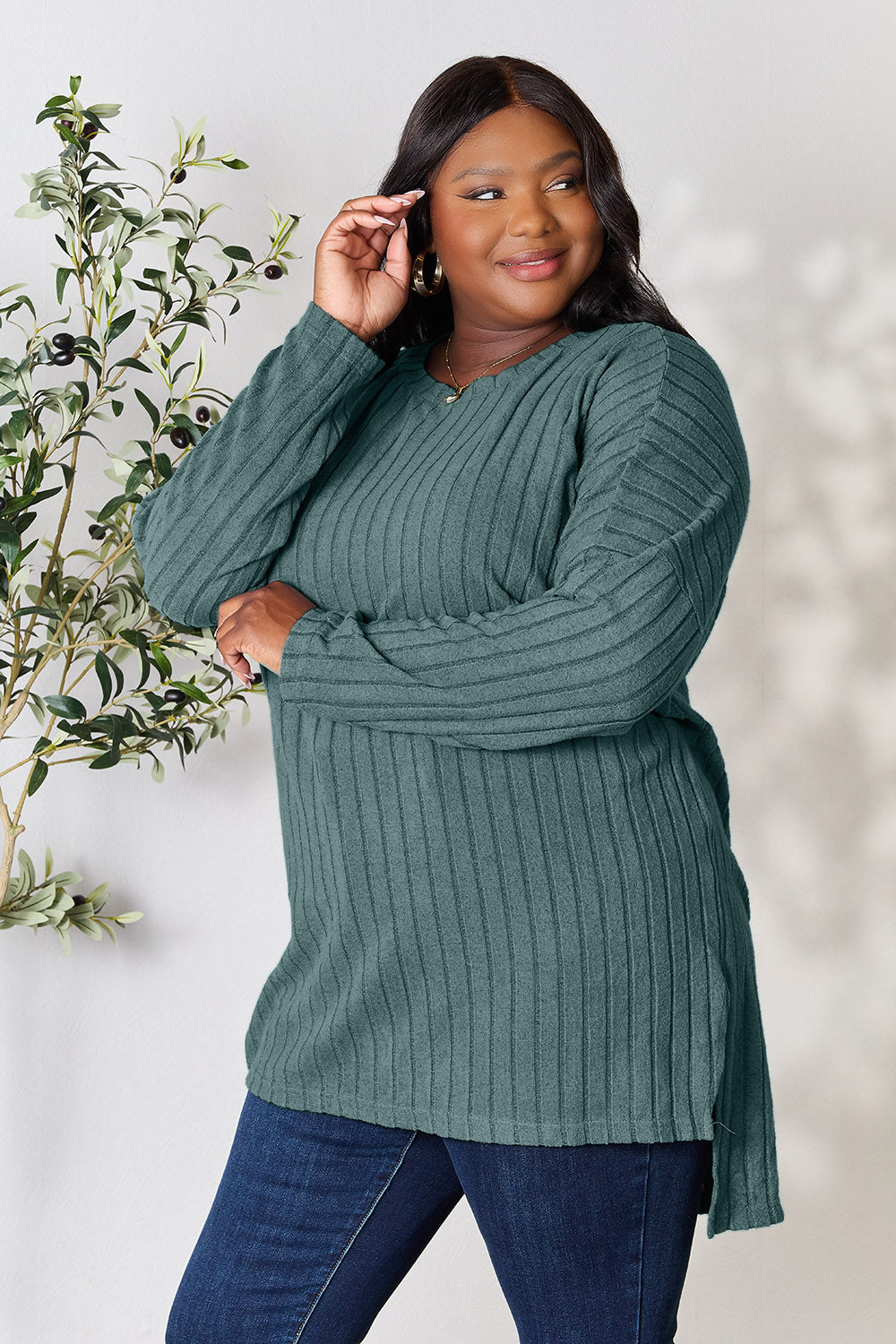 Basic Bae Full Size Ribbed Round Neck Long Sleeve Slit Top - Fragrance Spice