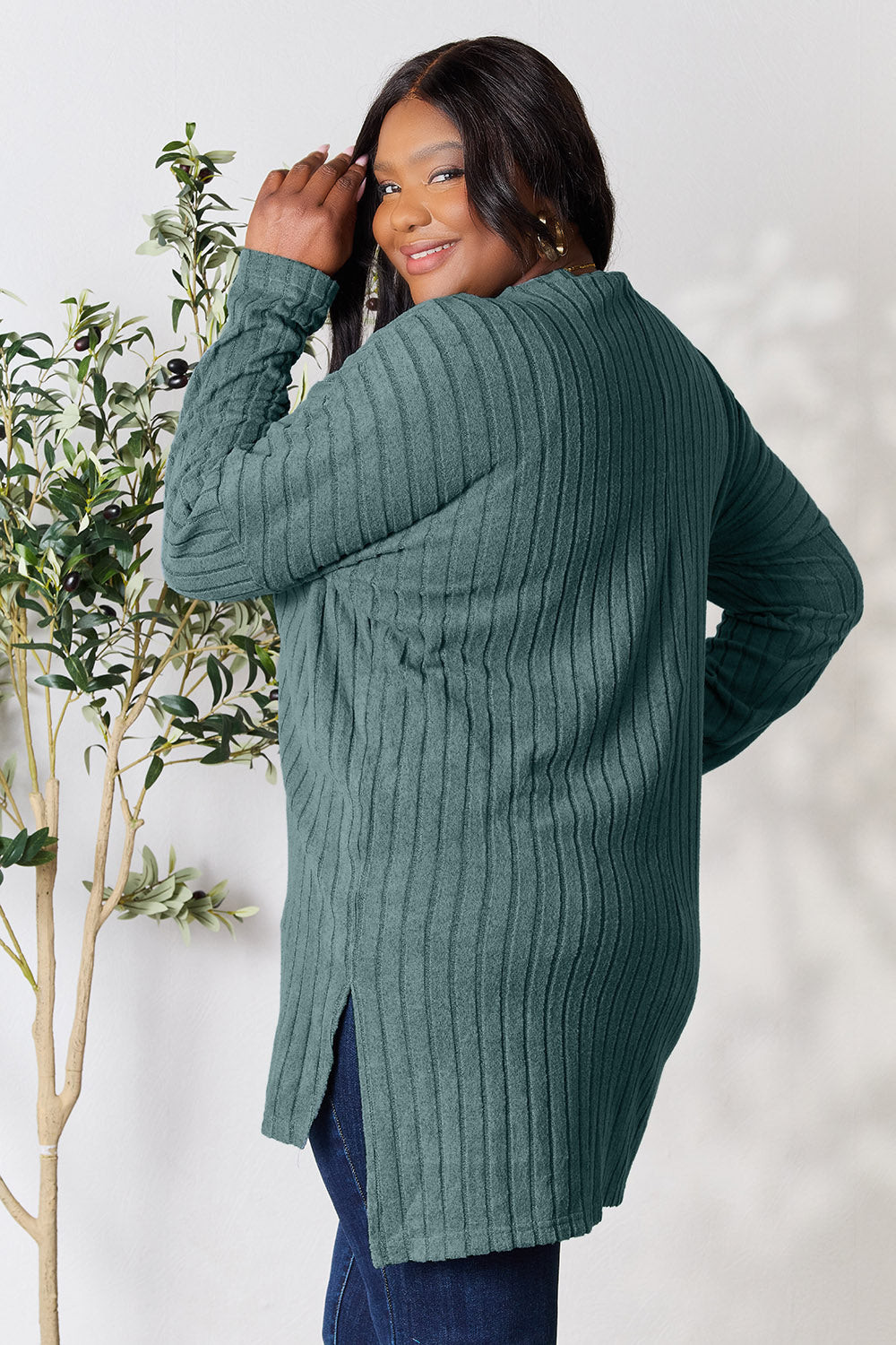 Basic Bae Full Size Ribbed Round Neck Long Sleeve Slit Top - Fragrance Spice