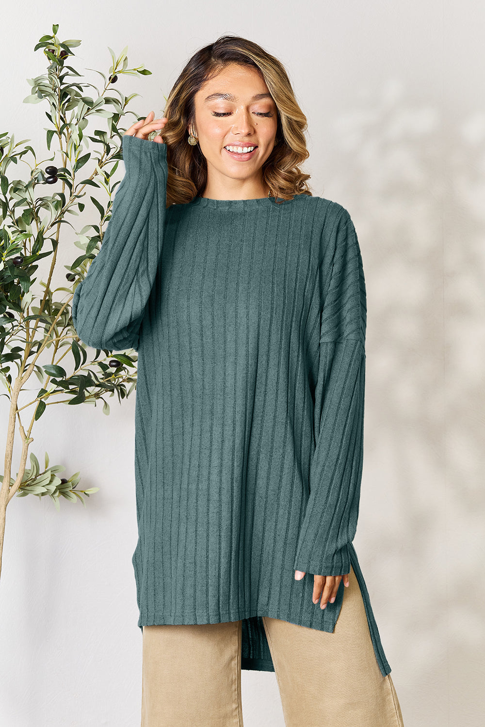 Basic Bae Full Size Ribbed Round Neck Long Sleeve Slit Top - Fragrance Spice