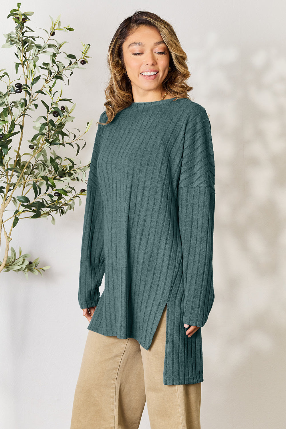 Basic Bae Full Size Ribbed Round Neck Long Sleeve Slit Top - Fragrance Spice