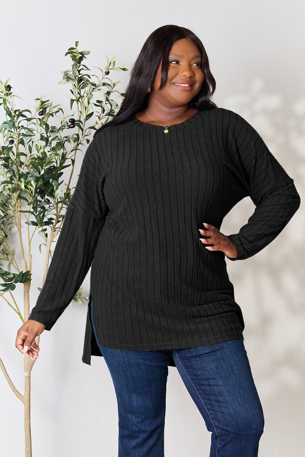 Basic Bae Full Size Ribbed Round Neck Long Sleeve Slit Top - Fragrance Spice