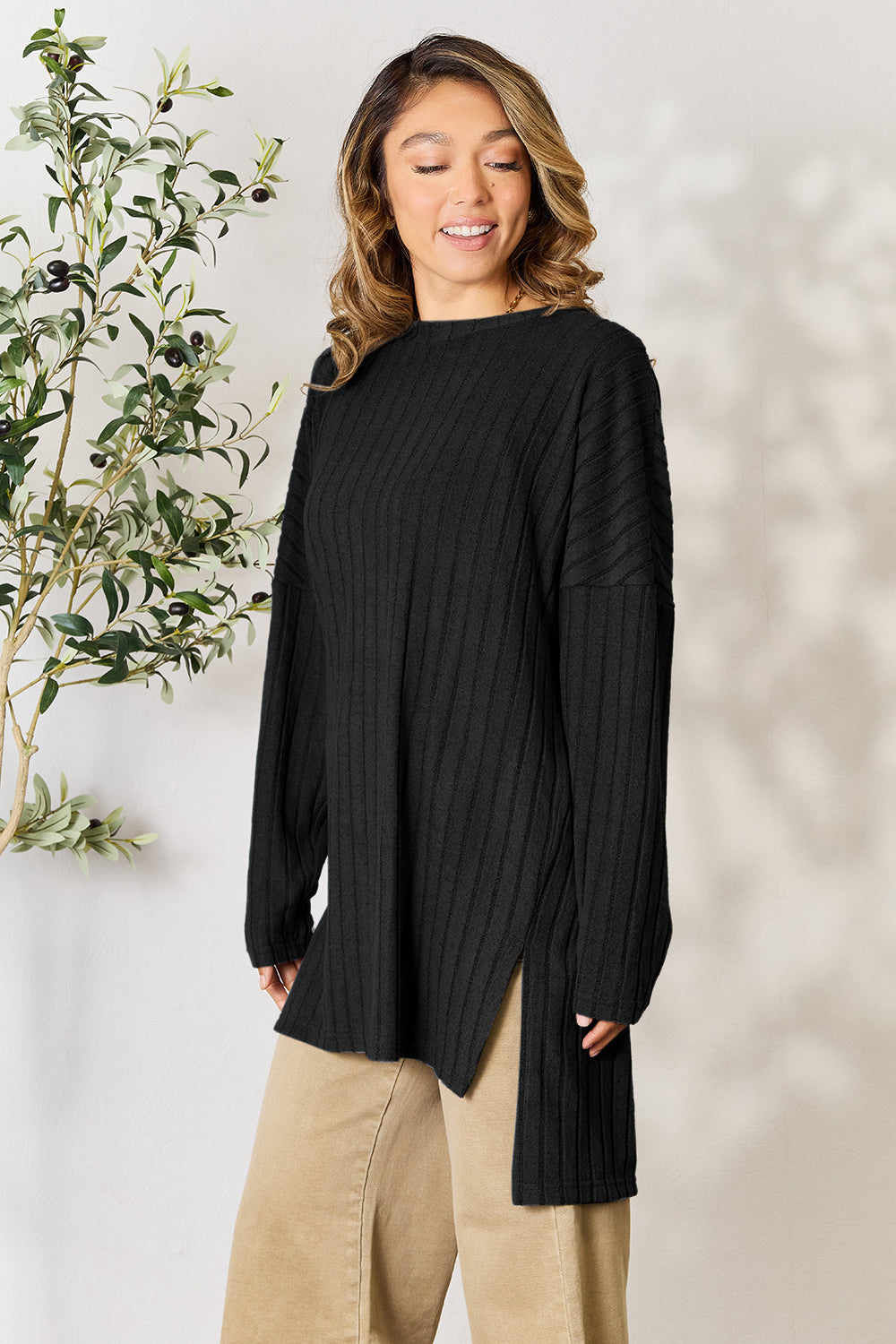 Basic Bae Full Size Ribbed Round Neck Long Sleeve Slit Top - Fragrance Spice