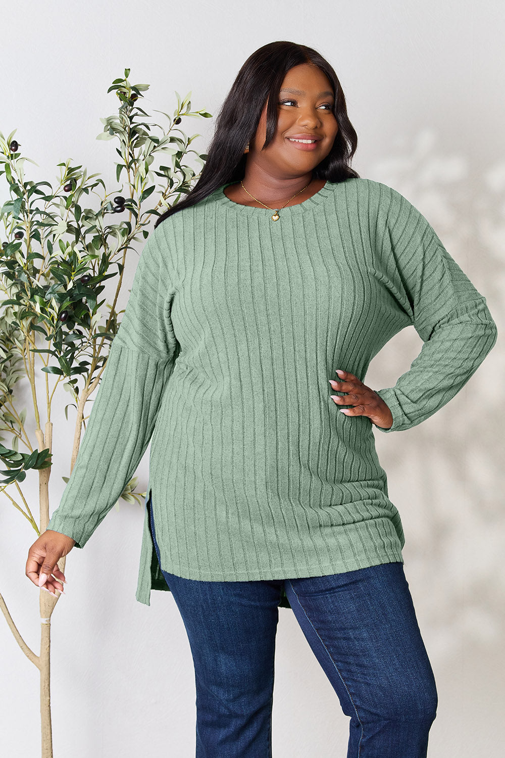 Basic Bae Full Size Ribbed Round Neck Long Sleeve Slit Top - Fragrance Spice