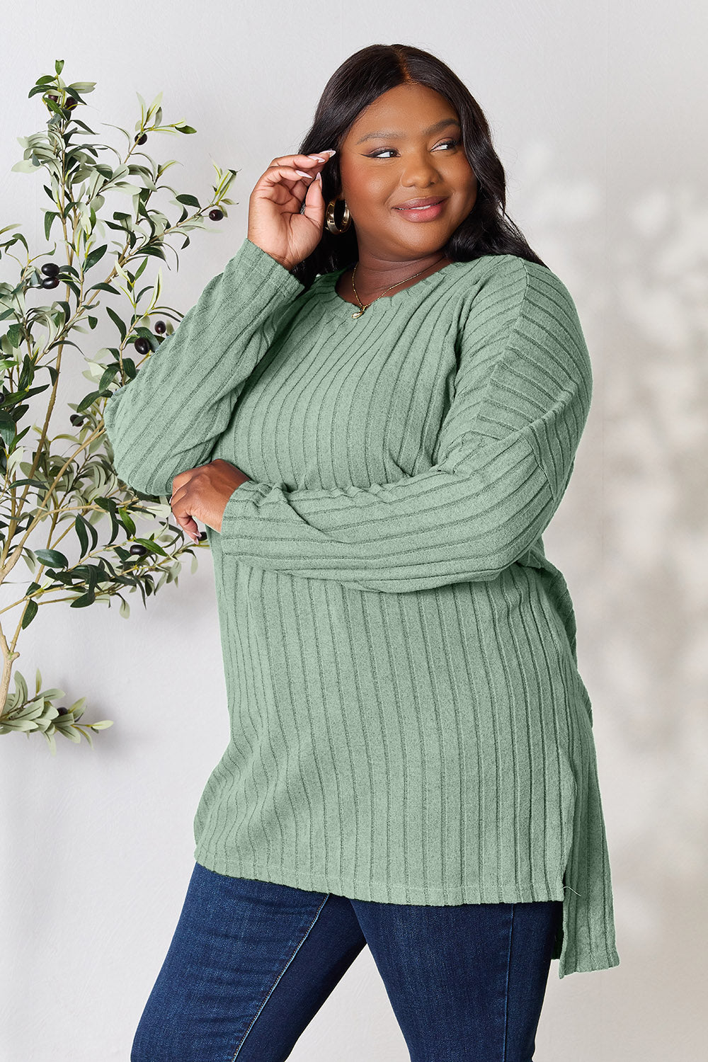 Basic Bae Full Size Ribbed Round Neck Long Sleeve Slit Top - Fragrance Spice