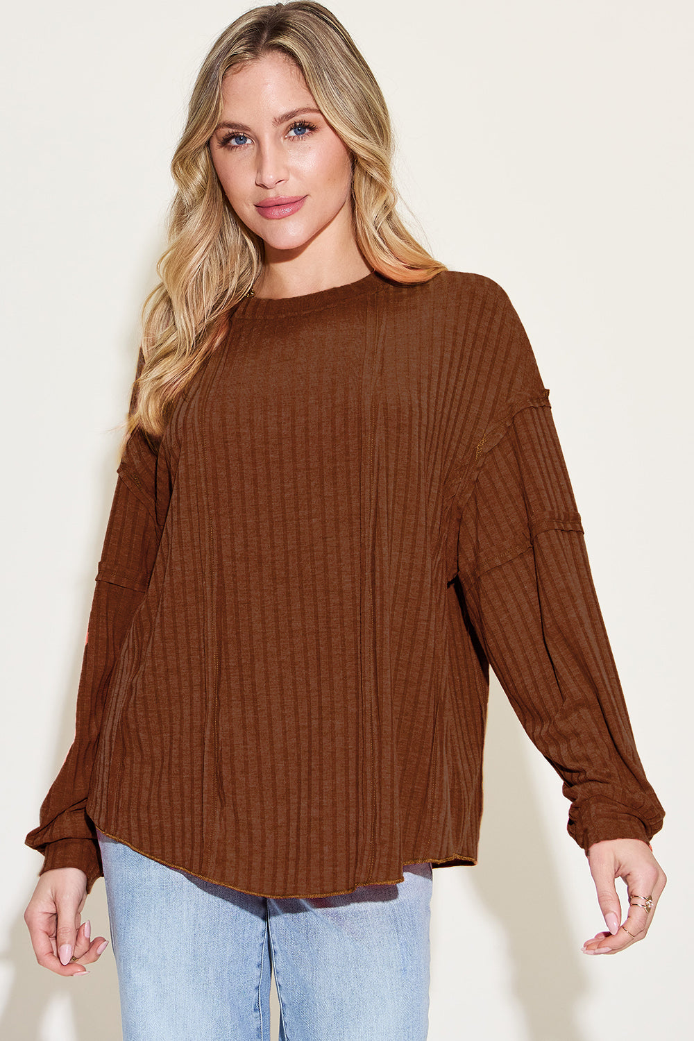 Basic Bae Full Size Ribbed Round Neck Long Sleeve T-Shirt - Fragrance Spice