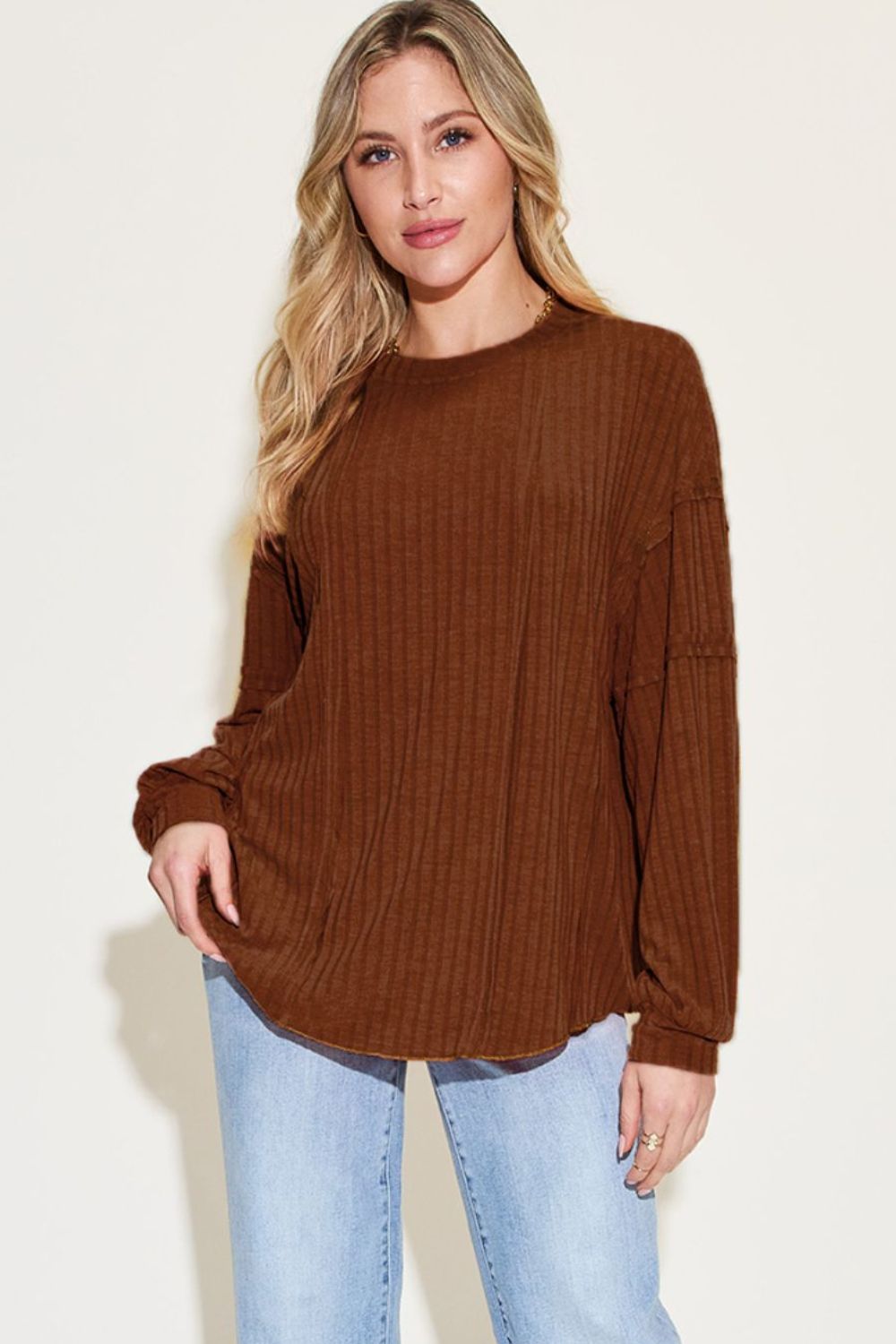 Basic Bae Full Size Ribbed Round Neck Long Sleeve T-Shirt - Fragrance Spice