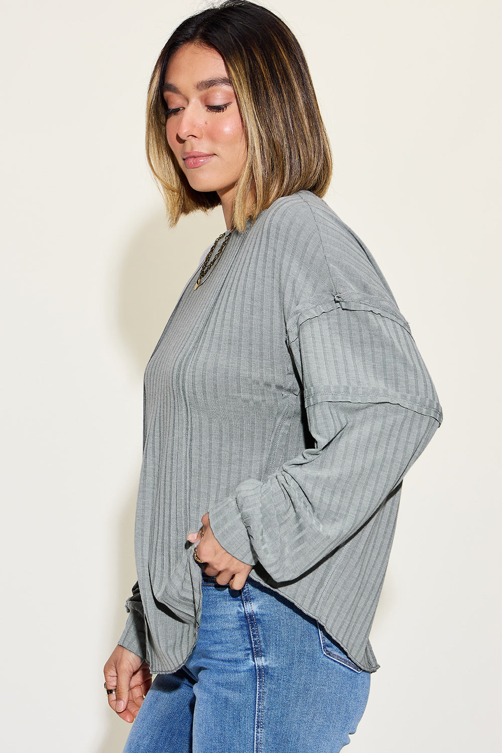 Basic Bae Full Size Ribbed Round Neck Long Sleeve T-Shirt - Fragrance Spice