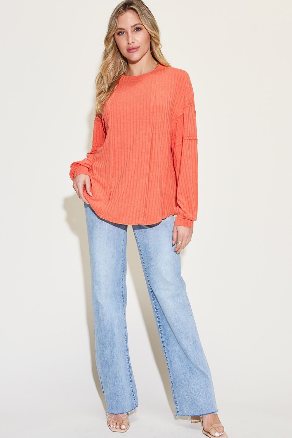 Basic Bae Full Size Ribbed Round Neck Long Sleeve T-Shirt - Fragrance Spice
