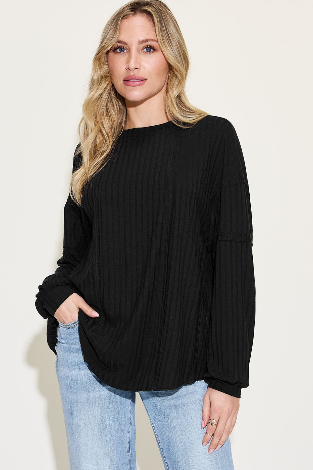Basic Bae Full Size Ribbed Round Neck Long Sleeve T-Shirt - Fragrance Spice