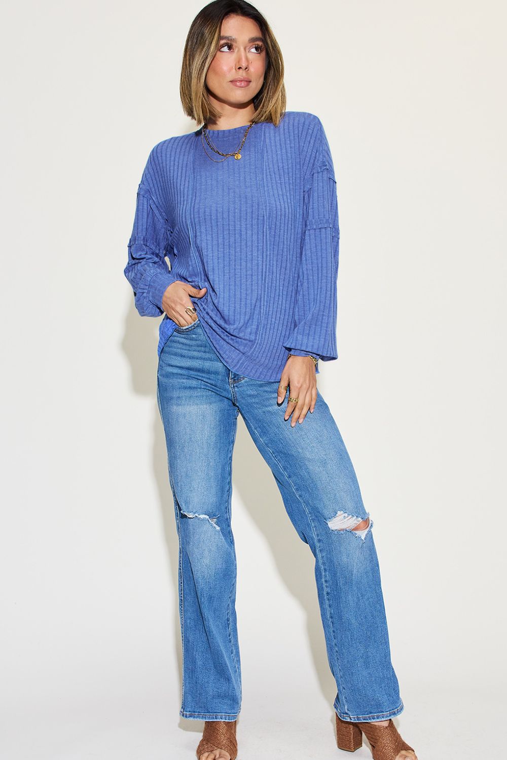 Basic Bae Full Size Ribbed Round Neck Long Sleeve T-Shirt - Fragrance Spice
