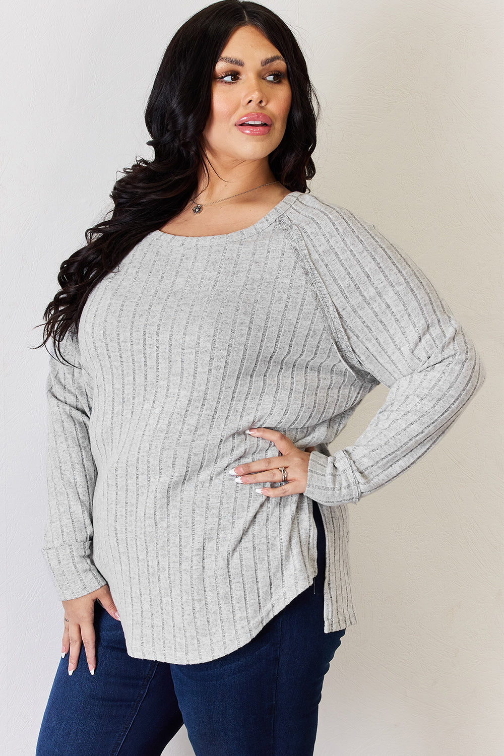 Basic Bae Full Size Ribbed Round Neck Slit T-Shirt - Fragrance Spice