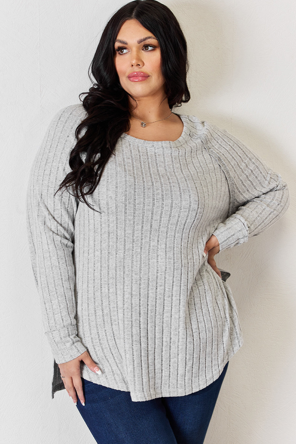 Basic Bae Full Size Ribbed Round Neck Slit T-Shirt - Fragrance Spice