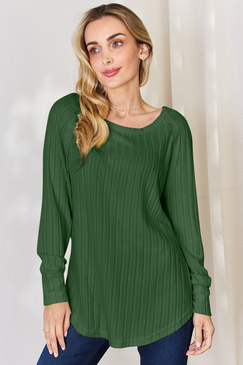 Basic Bae Full Size Ribbed Round Neck Slit T-Shirt - Fragrance Spice