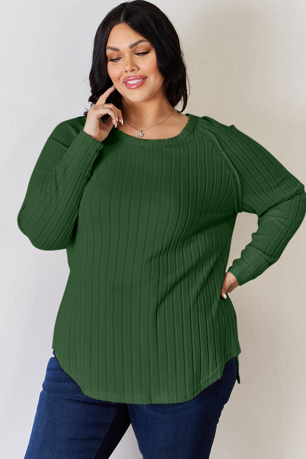Basic Bae Full Size Ribbed Round Neck Slit T-Shirt - Fragrance Spice