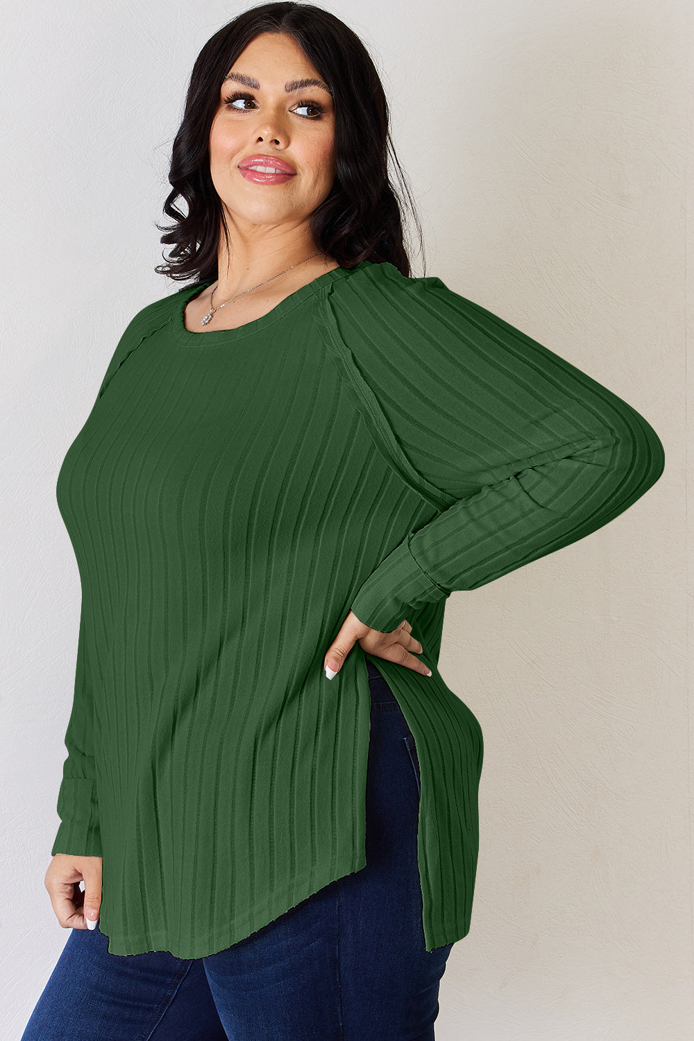Basic Bae Full Size Ribbed Round Neck Slit T-Shirt - Fragrance Spice