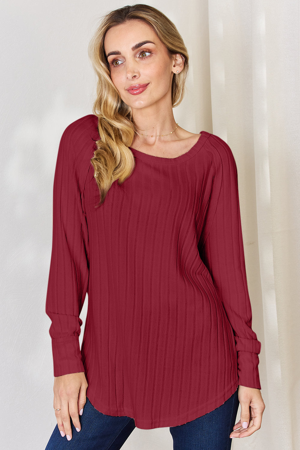 Basic Bae Full Size Ribbed Round Neck Slit T-Shirt - Fragrance Spice