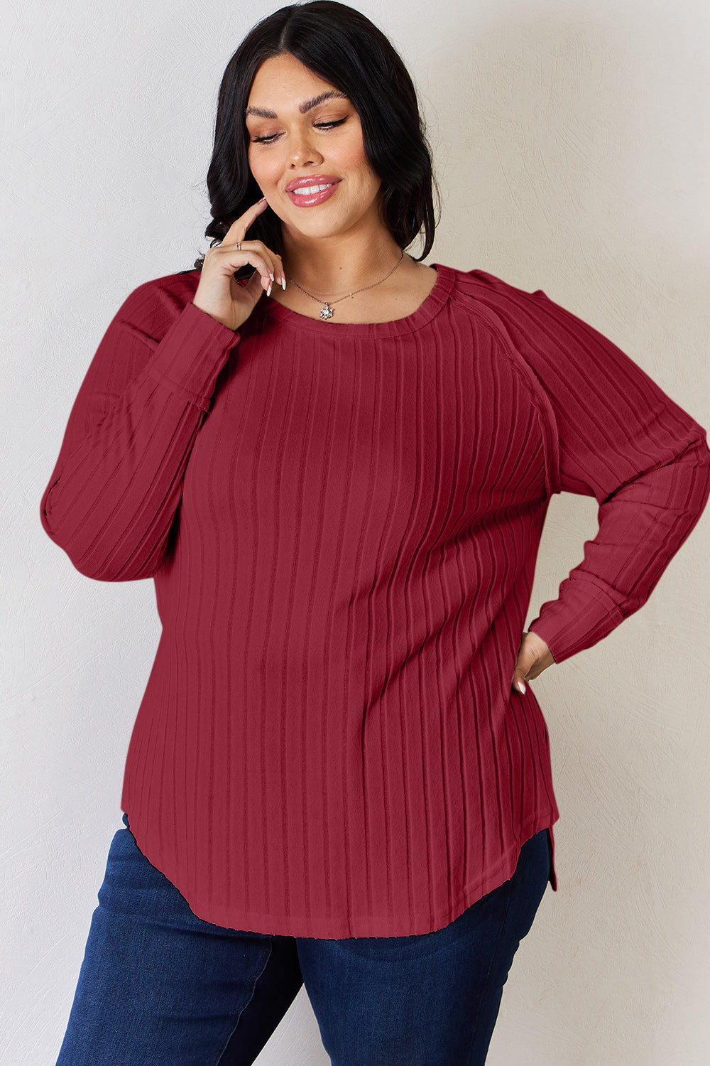 Basic Bae Full Size Ribbed Round Neck Slit T-Shirt - Fragrance Spice