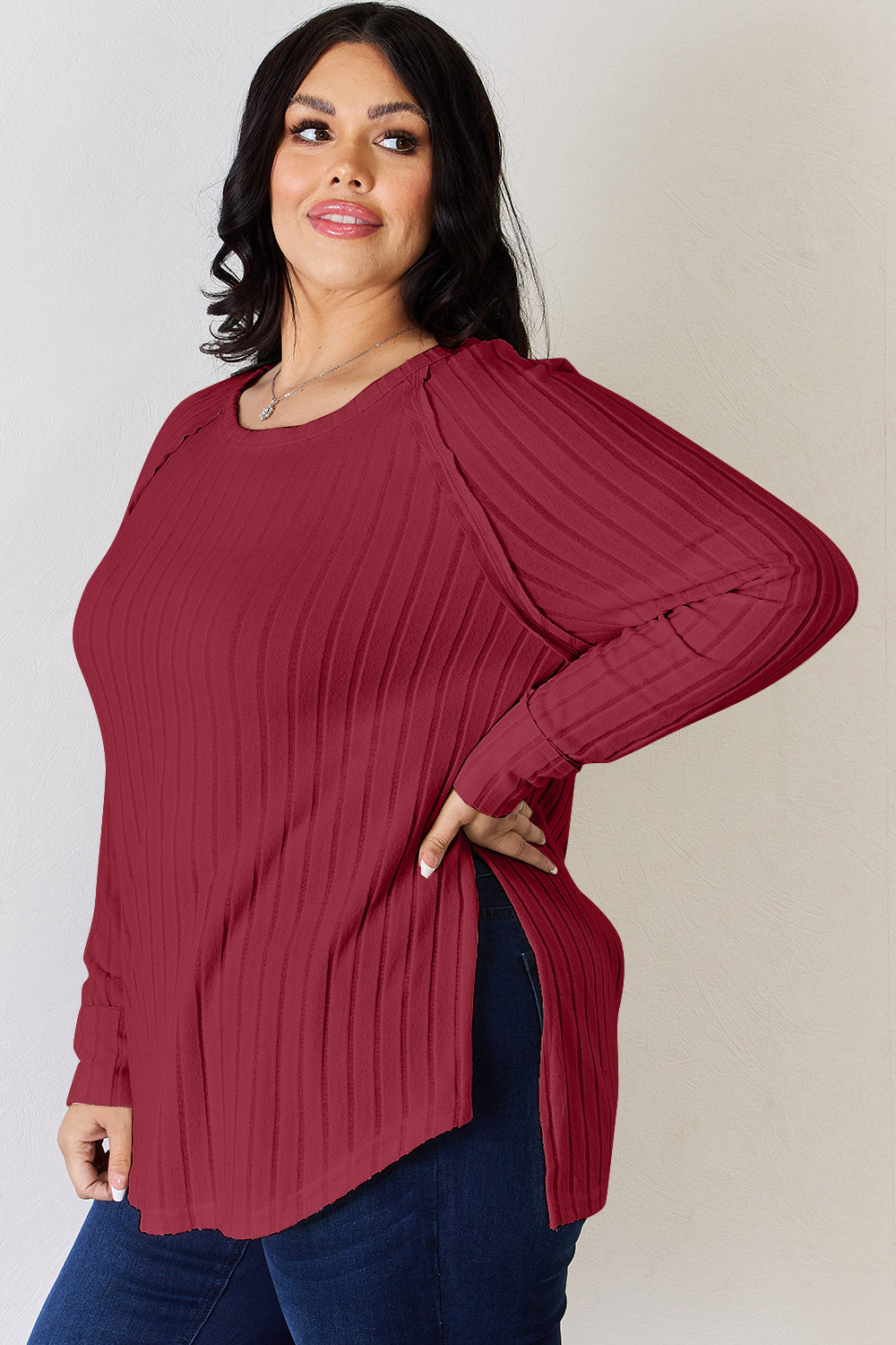 Basic Bae Full Size Ribbed Round Neck Slit T-Shirt - Fragrance Spice