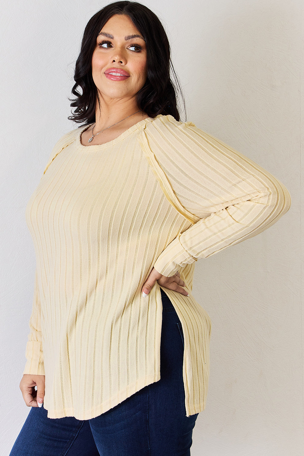 Basic Bae Full Size Ribbed Round Neck Slit T-Shirt - Fragrance Spice