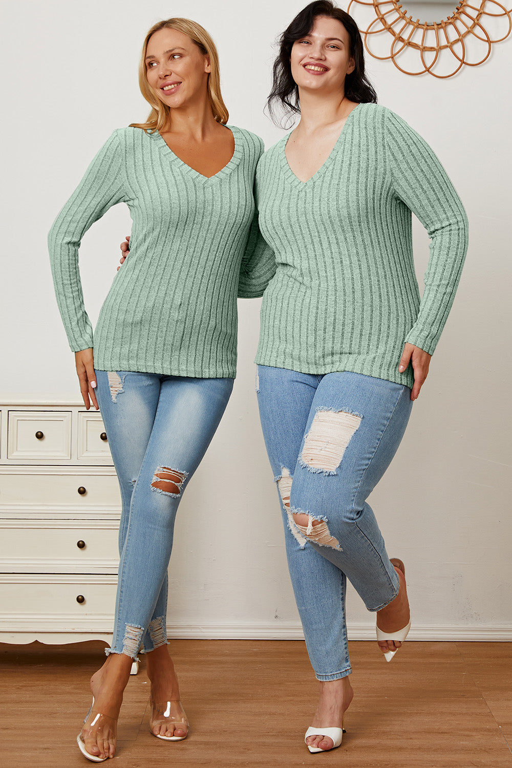 Basic Bae Full Size Ribbed V-Neck Long Sleeve T-Shirt - Fragrance Spice