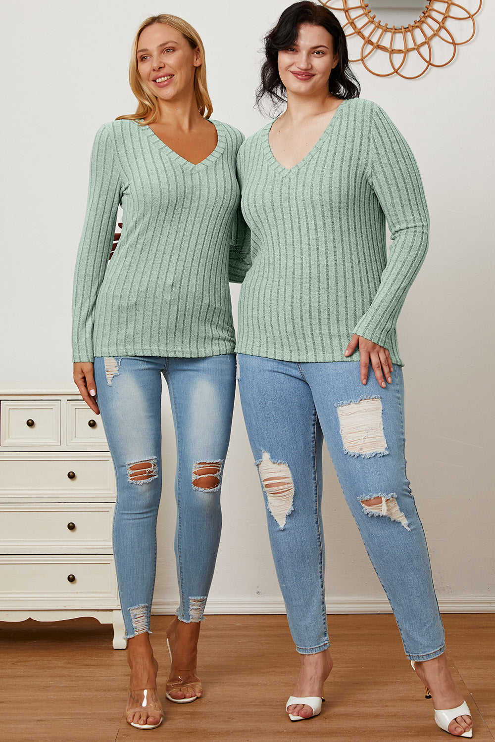 Basic Bae Full Size Ribbed V-Neck Long Sleeve T-Shirt - Fragrance Spice
