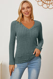 Basic Bae Full Size Ribbed V-Neck Long Sleeve T-Shirt - Fragrance Spice