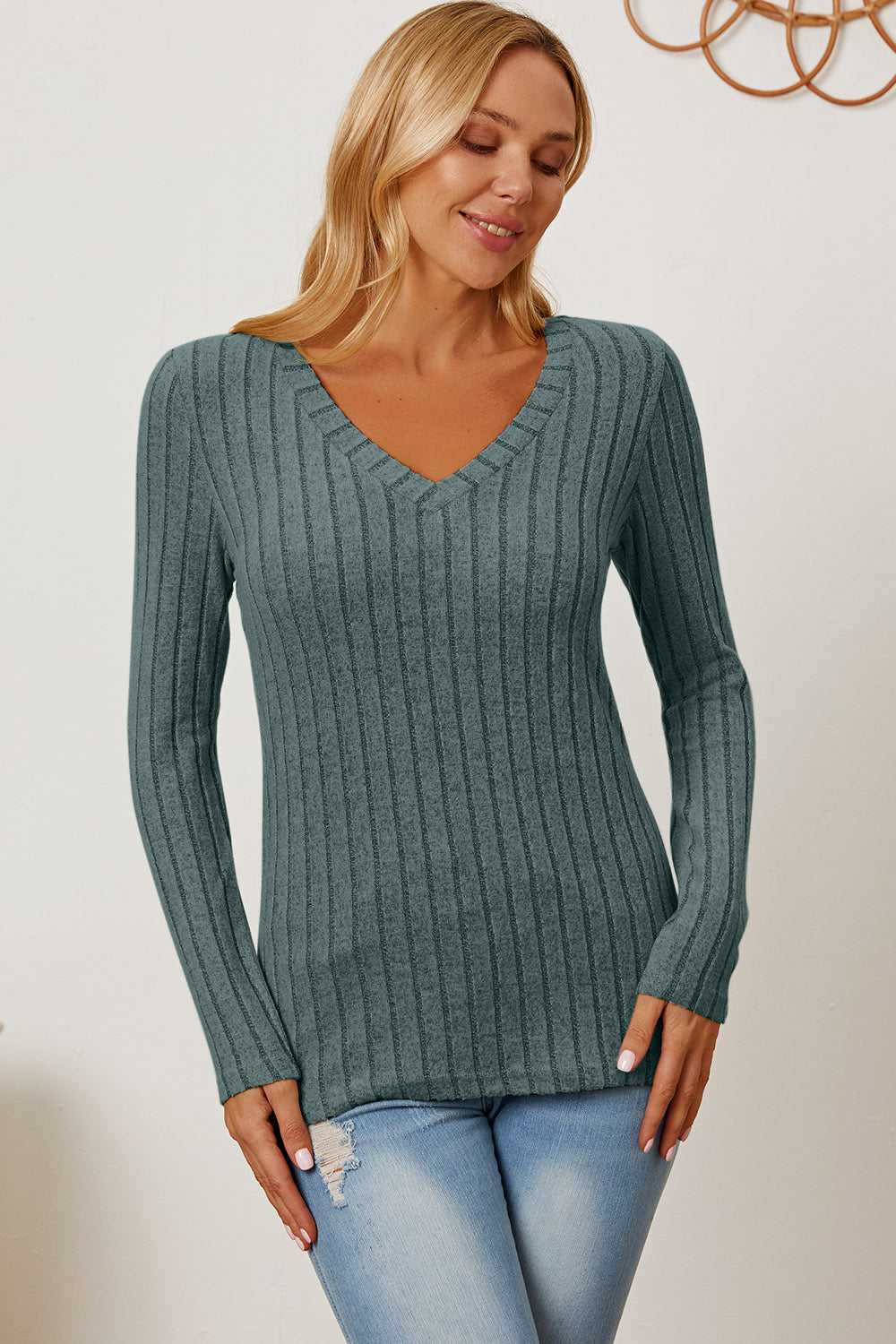 Basic Bae Full Size Ribbed V-Neck Long Sleeve T-Shirt - Fragrance Spice