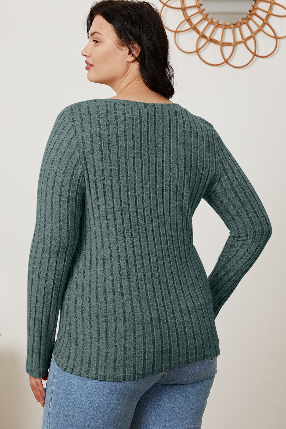 Basic Bae Full Size Ribbed V-Neck Long Sleeve T-Shirt - Fragrance Spice